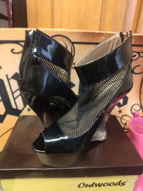 Paper Fox Black Patent Mesh Peep-Toe Platform Ankle Heels